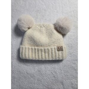 CC Kids Ivory Ribbed Knit Double Pom Beanie Hat Faux Fur Winter Warm RN